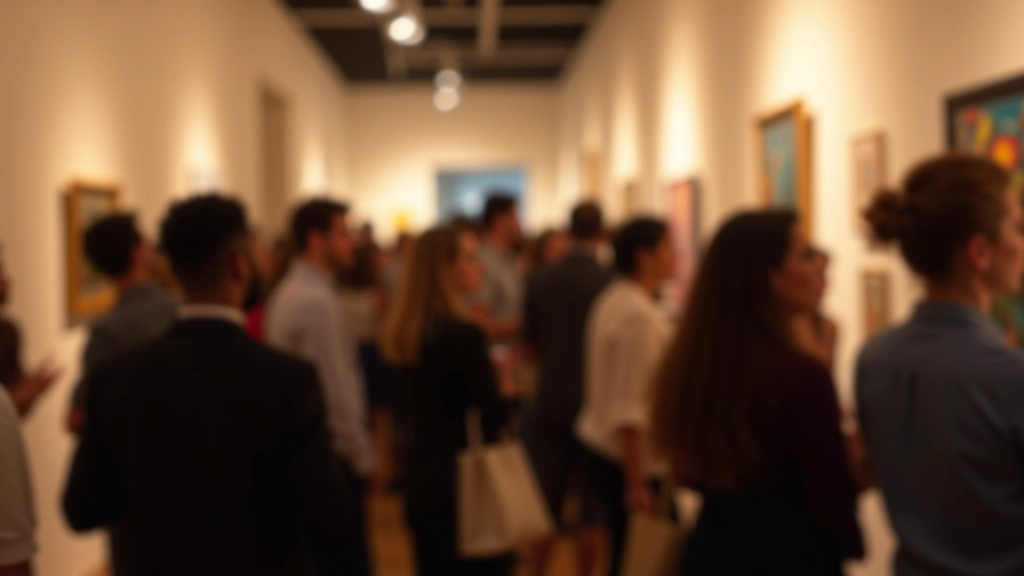 Sala de subastas de arte con personas pujando, obras colgadas en paredes, ambiente profesional y sofisticado