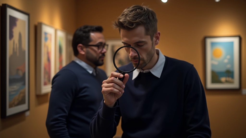 Profesional examinando obra de arte con certificado de autenticidad, lupa en mano, oficina bien iluminada