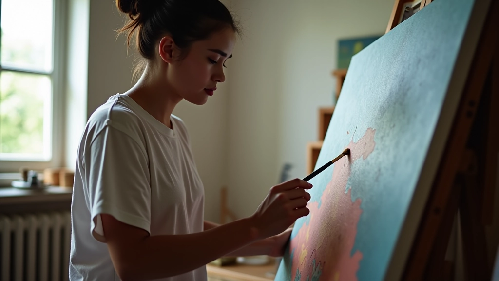Artista trabajando en estudio con lienzo y pinceles, ambiente creativo con luz natural, obra en progreso, herramientas de arte alrededor