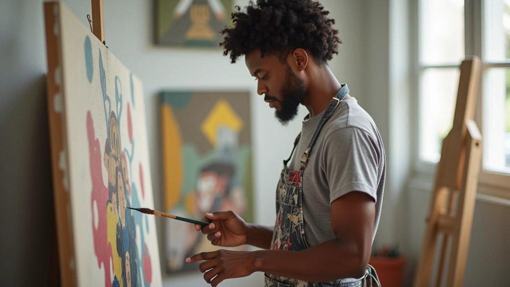 Galería de arte moderno con artista trabajando en lienzo, luz natural, ambiente creativo en Ponce