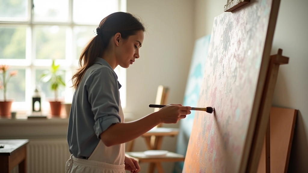 Artista trabajando en pintura grande, concentrado, con herramientas alrededor, estudio luminoso, trabajo en progreso visible