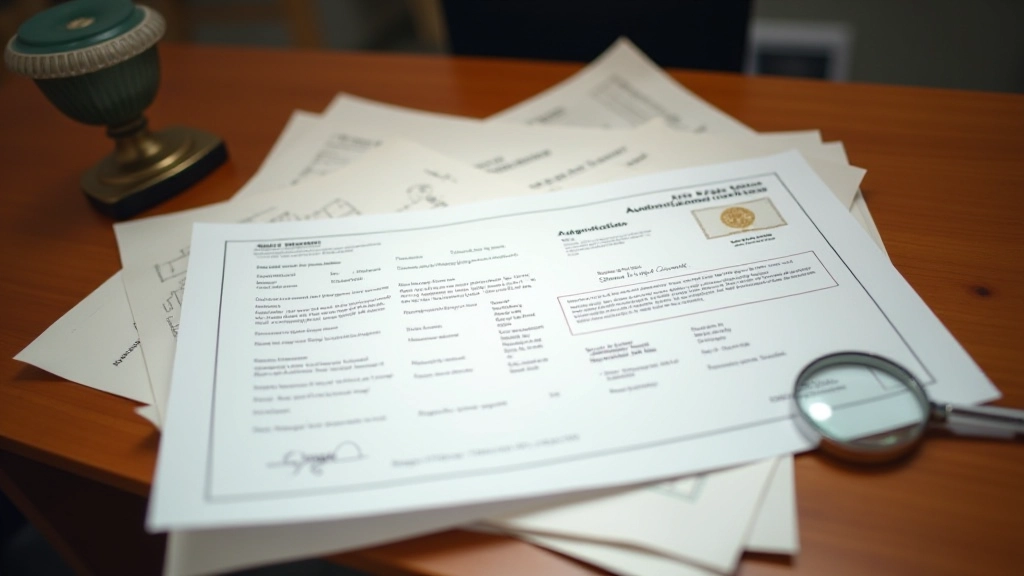 Documentos de autenticidad y certificados de obra de arte sobre escritorio de madera con lupa