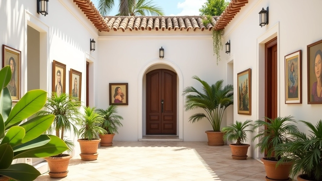Casa colonial con galerías, patio interior, plantas, iluminación natural, paredes con obras de arte en exhibición