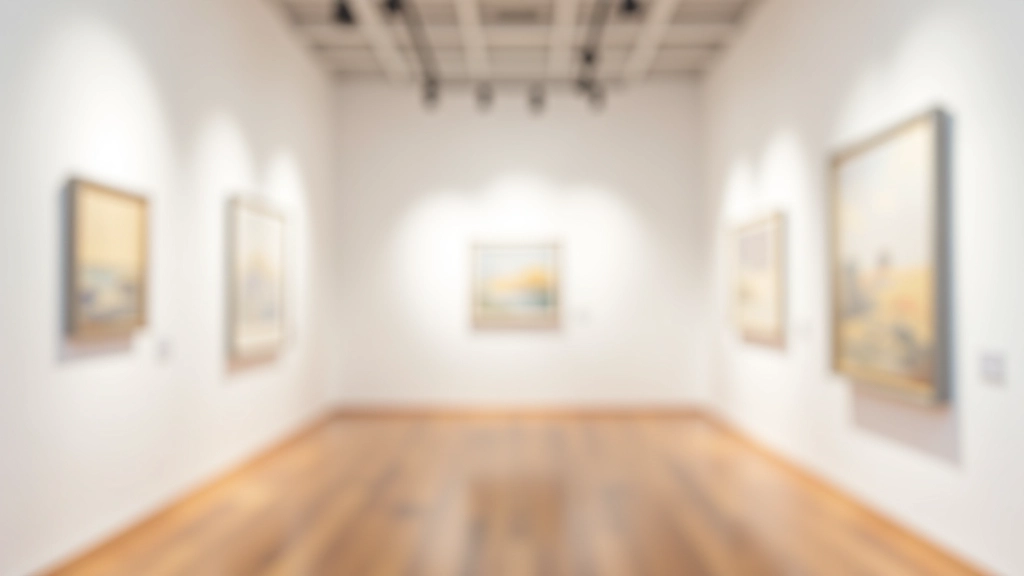 Interior de galería con cuadros colgados en paredes blancas, iluminación moderna, piso de madera