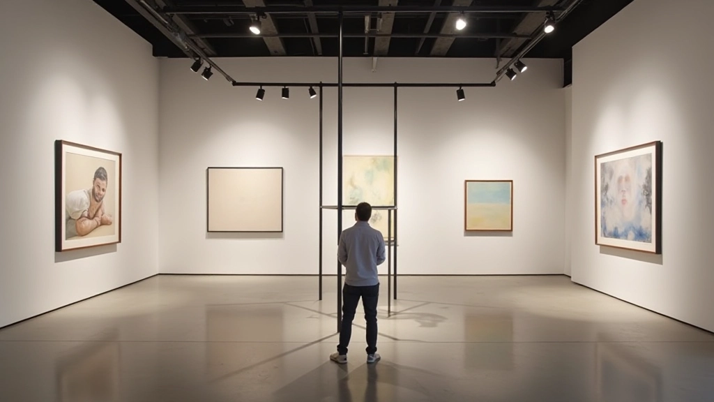 Galería con instalación artística, estructuras metálicas, iluminación ambiental, espacio amplio de arte contemporáneo