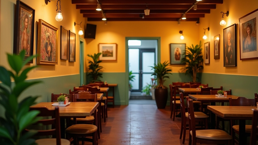 Café acogedor con cuadros en paredes, mesas de madera, iluminación cálida, plantas decorativas, ambiente cultural