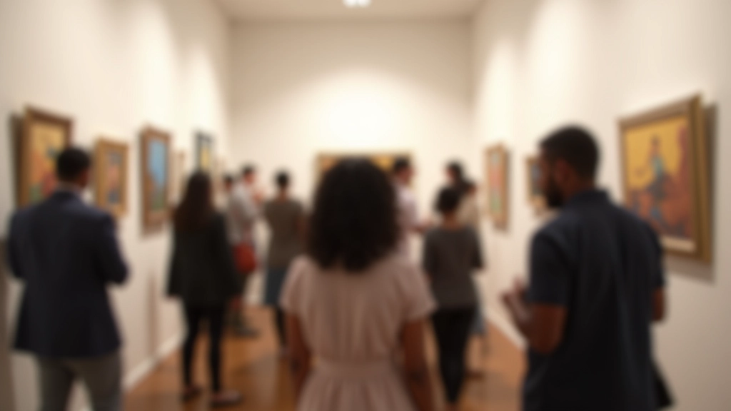 Galería interior con personas mirando cuadros, ambiente sofisticado con iluminación profesional en Ponce