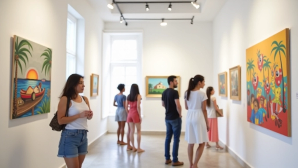 Galería de arte con obras en blanco y negro en paredes, visitantes observando cuadros, iluminación cálida natural desde ventanas grandes