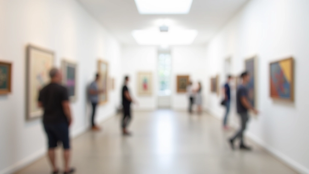 Galería de arte interior con paredes blancas, múltiples cuadros colgados, visitantes observando obras, luz natural, atmósfera serena