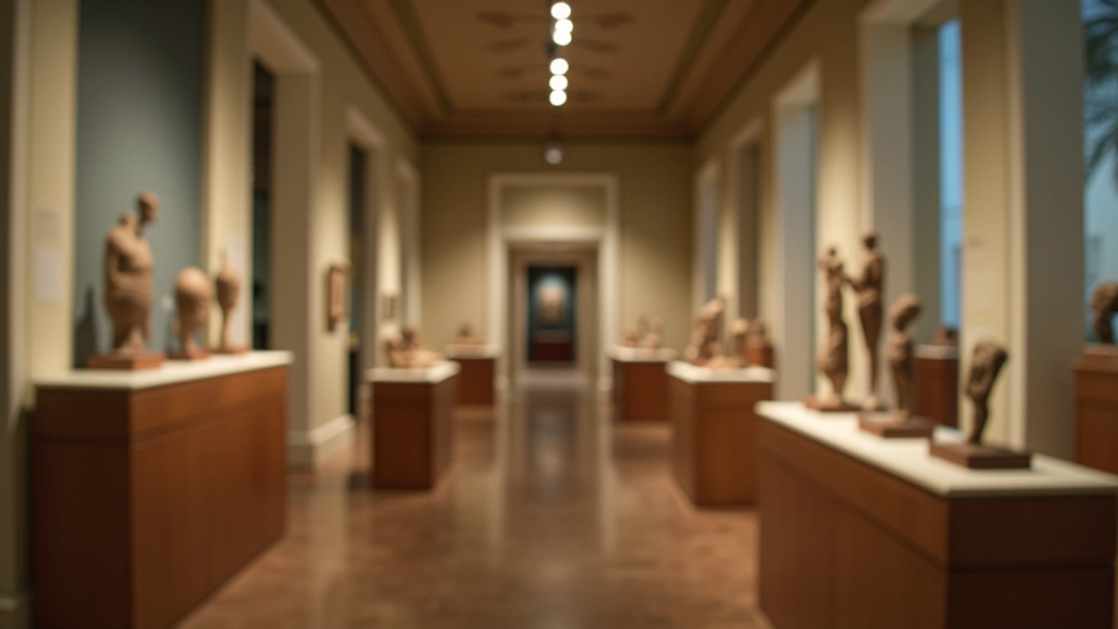 Museo interior con vitrinas, arte pre-colombino y colonial, iluminación profesional, arquitectura clásica, ambiente educativo