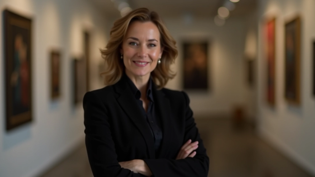 Curadora de arte con experiencia internacional posando en galería moderna