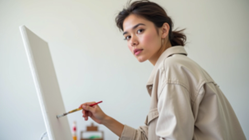 Artista joven trabajando en estudio con pincel en mano, pared de lienzo blanco detrás, luz natural